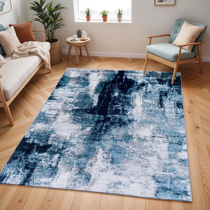 Livabliss Helsinki Abstract - Area s Living Room 160x220 cm, Dining Room, Lounge, Kitchen, Bedroom - Modern Marble, Soft Luxurious Easy Care Medium Pile Large, Blue, White and Grey