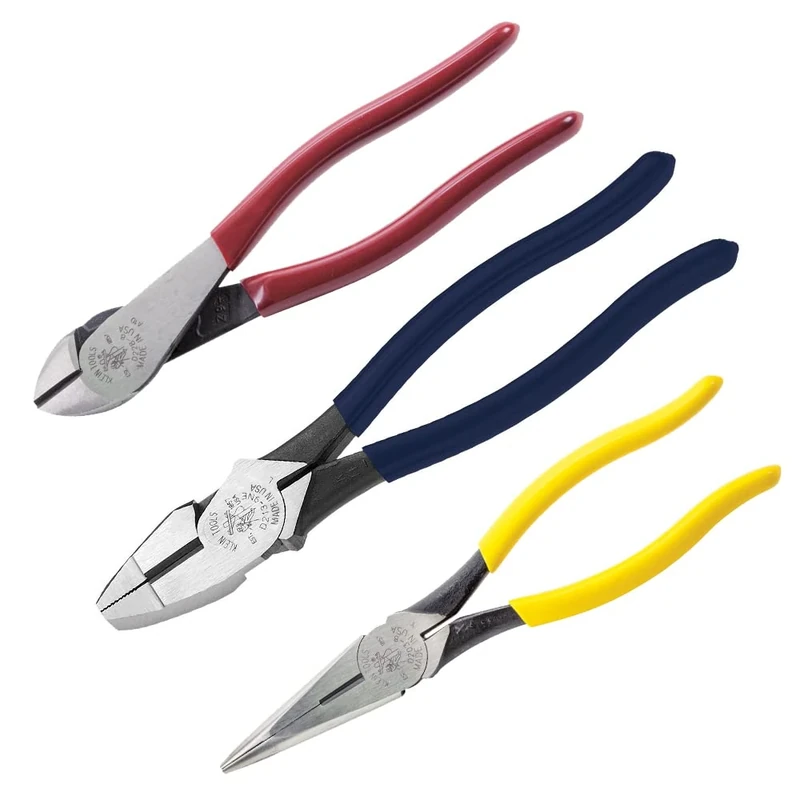 Klein Tools 80020 Tool Set with Lineman's Pliers, Diagonal Cutters, and Long Nose Pliers, with Induction Hardened Knives,Red, 3-Piece,8-Inch Kit