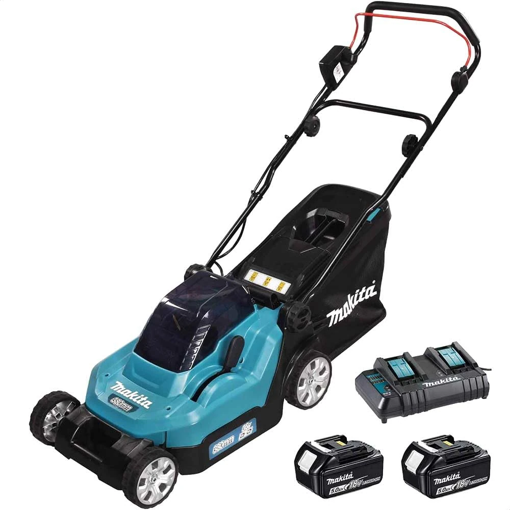 Makita DLM382CT2 Twin 18V (36V) Li-ion LXT 38cm Lawnmower Complete with 2 x 5.0 Ah Batteries and Twin Port Charger