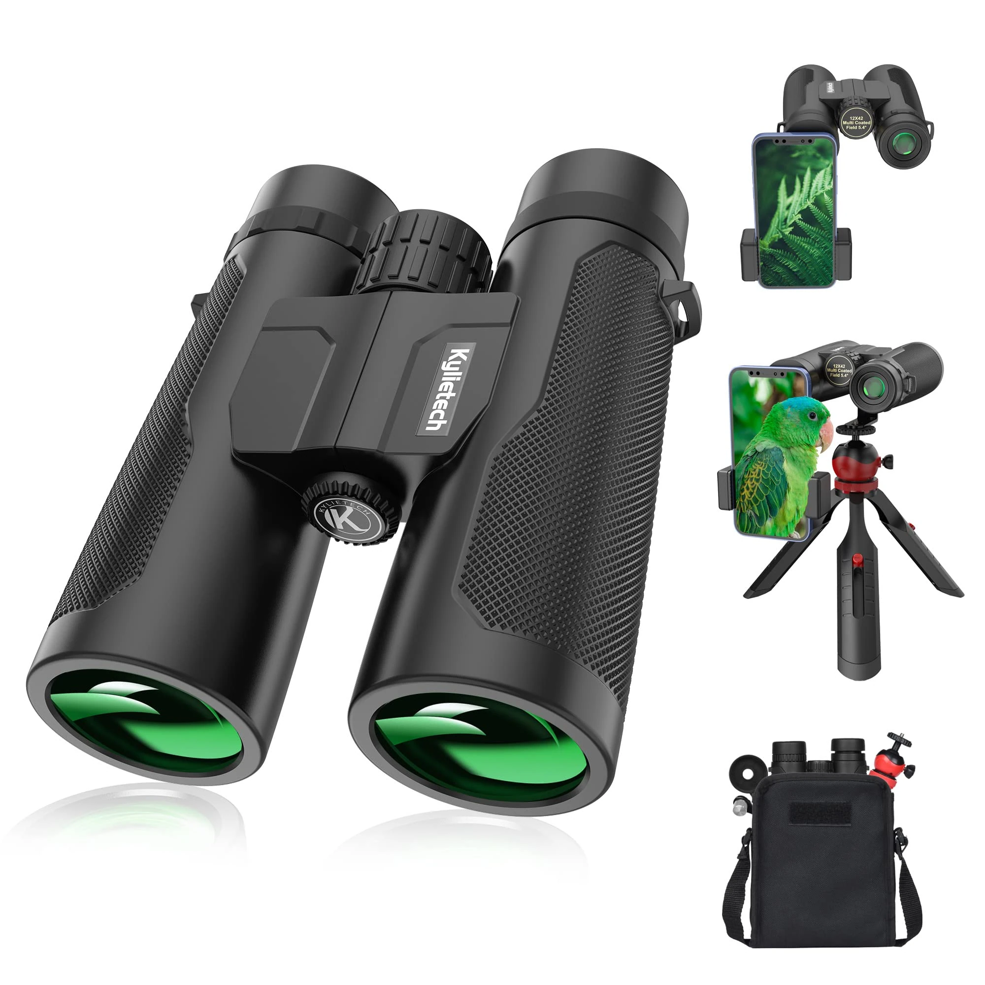 Binoculars for Adults, Kylietech 12x42 Binoculars with Tripod, Waterproof Bird Watching Binocular with BaK-4 Prisms, FMC Lens, Phone Adapter for Photography, Stargazing