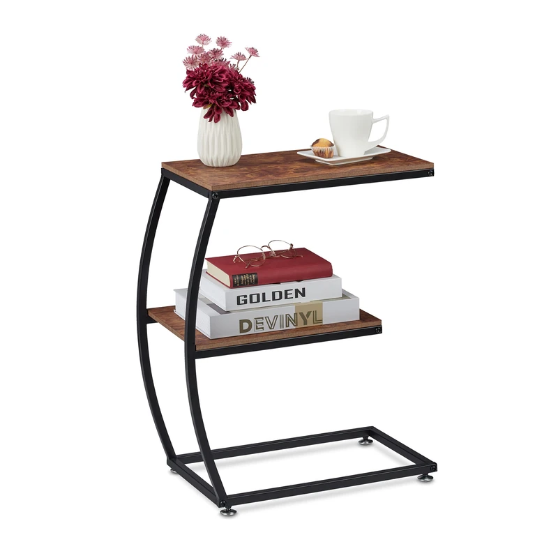 Relaxdays Side Table, C-shape, Two Shelves, H x W x D: approx. 58.5 x 47.5 x 25 cm, MDF & Metal, Brown