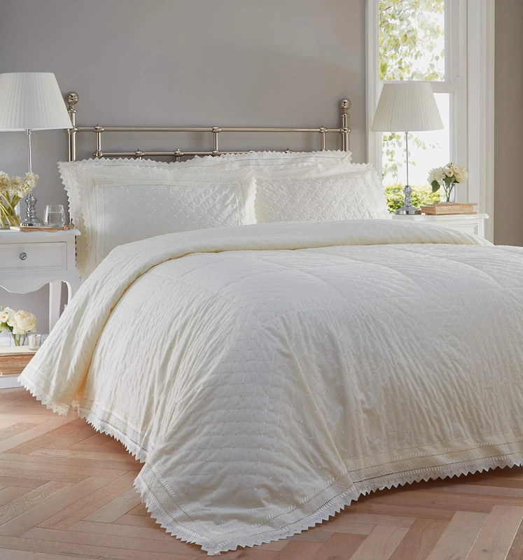 Portfolio Balmoral Broderie Anglaise Cream Quilted Bed Throwover Bedspread Set, Polycotton, 50 x 75 cm