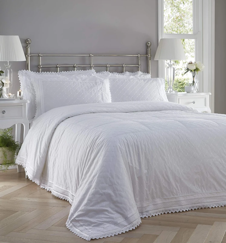 Portfolio Balmoral Broderie Anglaise White Quilted Bed Throwover Set Bedspread Set,254x254cm