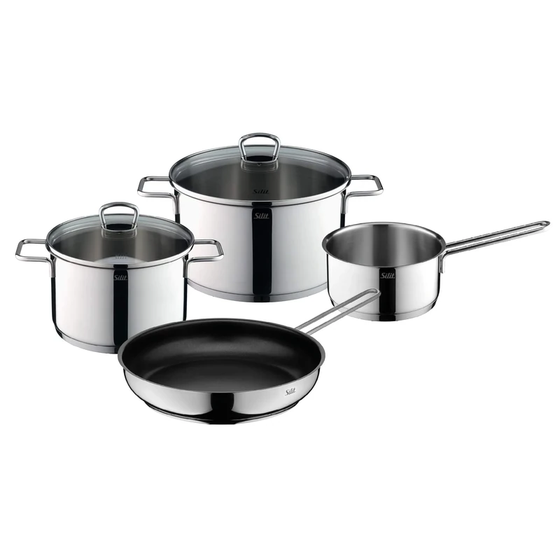 Silit 2109304630 Alicante Kochtopfset Induktion 4-teilig Set with Glass lid, Induction pots, Polished Stainless Steel, uncoated, Oven-Safe, Rustproof 18/10