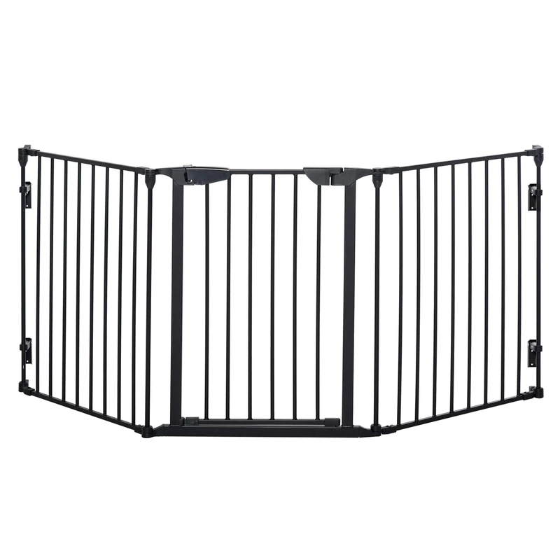 PawHut Pet Safety Gate, 3 Panels Playpen Fireplace, Foldable Metal Fence, Stair Barrier, Room Divider, Fire Guard w/Automatic Closing Door, Black