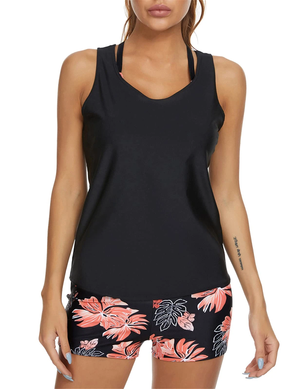 Women's Three Piece Tummy Control Swimwear Modest Bathing Suits with Boyshort Tankini Swimsuits Black XL