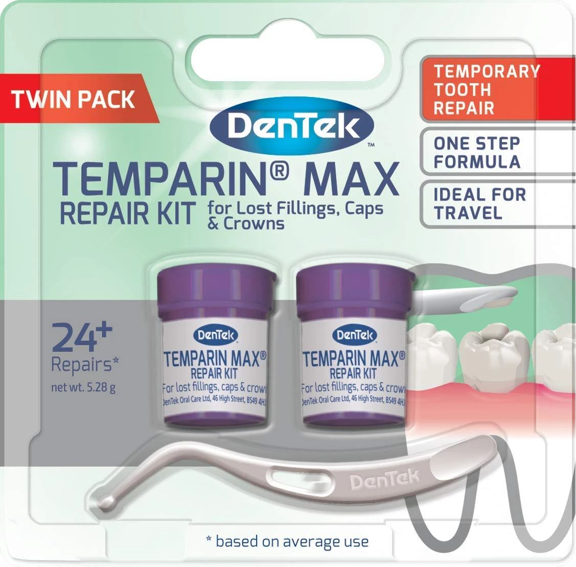 DenTek Temparin Max, Home Temporary Dental Repair Kit Twin Pack for Reparing Lost Fillings or Securing Loose Caps, Crowns or Inlays, 24+ Repairs