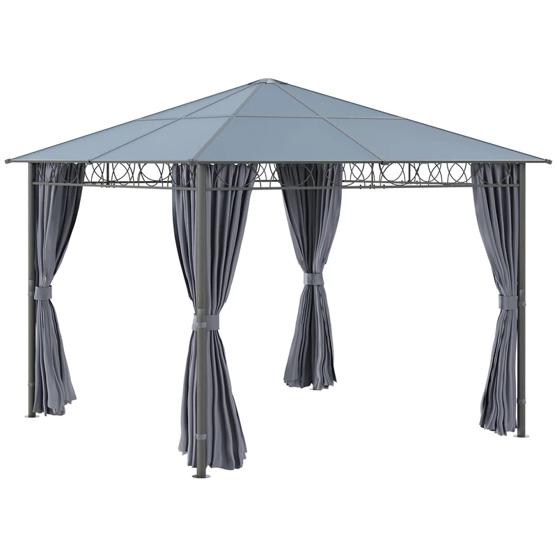 Outsunny 3 x 3(m) Hardtop Gazebo Canopy with Polycarbonate Roof, Permanent Pavilion Garden Gazebo with Curtains for Patio, Terrace, Grey
