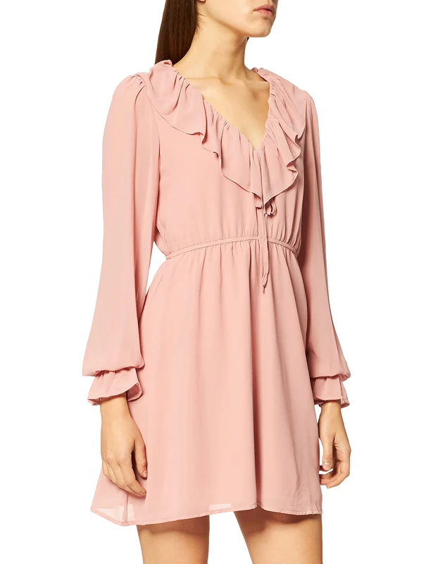 NA-KD Women's Frill V-Neck Mini Dress Casual, Dusty Pink, 16 UK