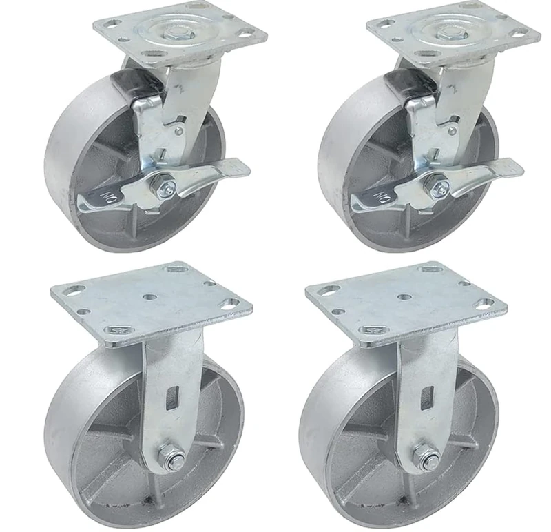IconCasterWheels 6" x 2" Steel Heavy Duty Caster, Set of 4 Industrial Casters | 2 Swivel Top Lock Brake Caster & 2 Rigid Top Plate Caster | Top Plate 4 x 4.5", Load Capacity 4,800 lbs per Set (4-Pack)