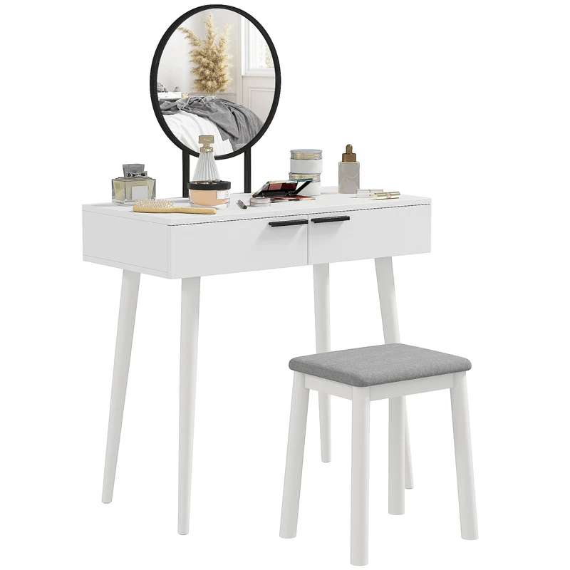 HOMCOM Dressing Table with Mirror and Stool, Vanity Makeup Desk Set with 2 Drawers, Cushioned Stool and Make-up Organiser for Bedroom and Dressing Room, 80 x 40 x 123 cm, White
