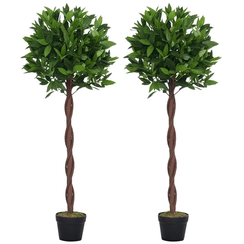 Outsunny Artificial Bay Laurel Topiary Trees with Twisted Trunk, Realistic Lush Topiary Ball Tree with Weighted Pot, 120cm Indoor Greenery Plant for Home Office Garden Decor, Set of 2, Green