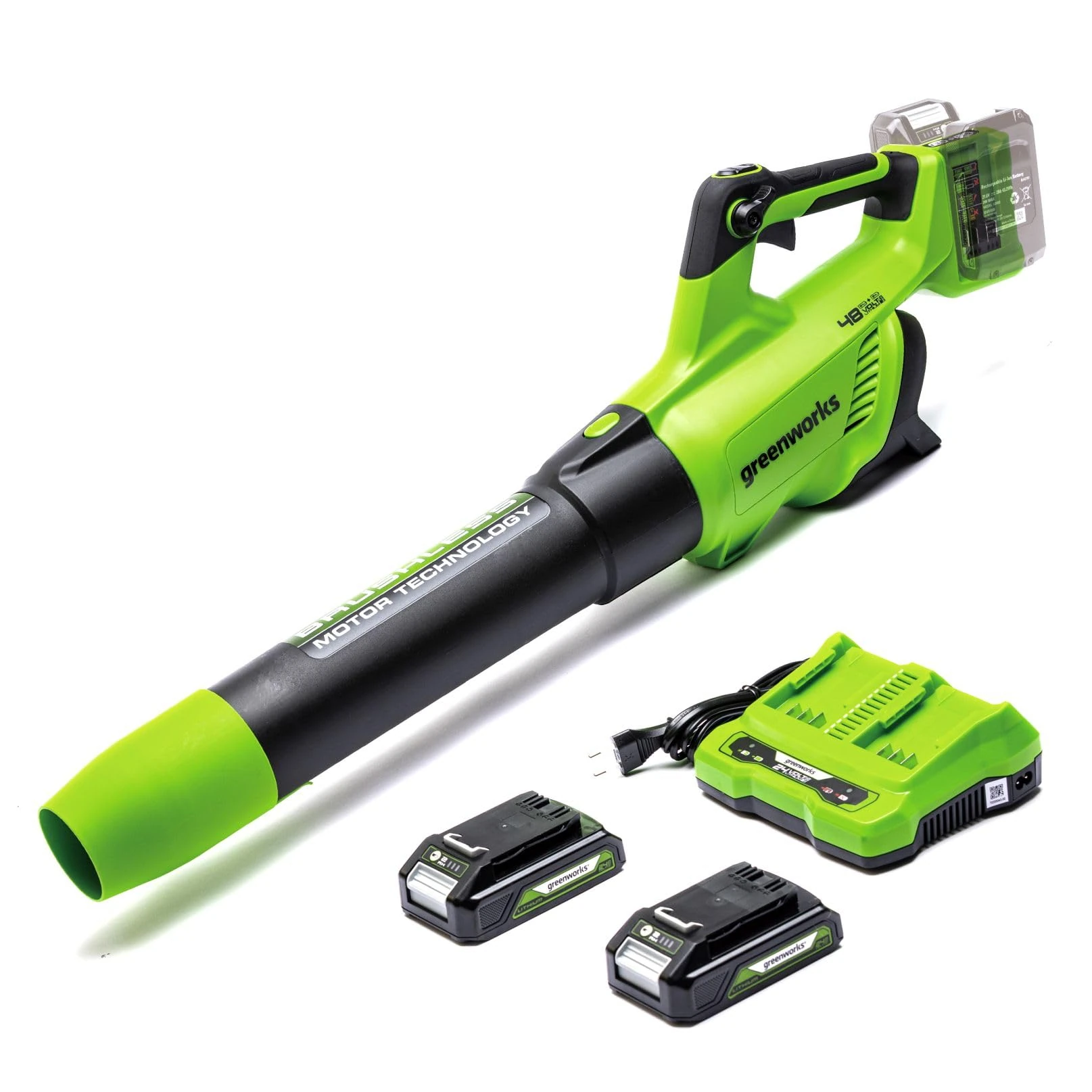 Greenworks 48V(24V x 2) Cordless Axial Leaf Blower with Brushless Motor, Turbo Function, 217km/h, 16.4m³/min, PLUS Two of 24V 2Ah Batteries & Charger, 3 Year Guarantee GD24X2ABK2X