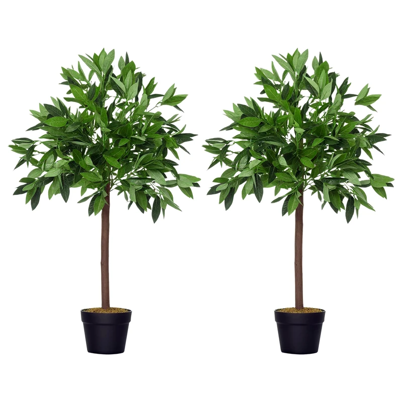 Outsunny Artificial Bay Laurel Topiary Trees with Twisted Trunk, Realistic Lush Topiary Ball Tree with Weighted Pot, 90cm Indoor Greenery Plant for Home Office Garden Decor, Set of 2, Green