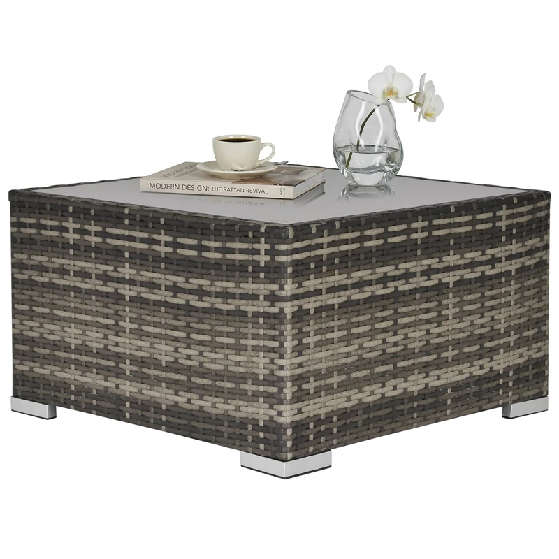Outsunny Rattan Garden Coffee Table, 65 cm Square Garden Rattan Table with Tempered Glass Top, All-Weather Wicker Bistro Outdoor Furniture for Patio, Balcony, Porch, Deep Grey