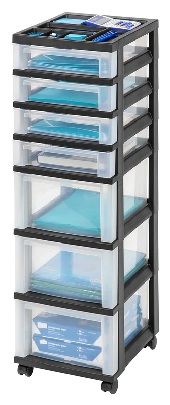 IRIS USA Plastic Drawer Storage Organizer Rolling Cart, with Wheels Casters, 7-Drawers, for Classroom Art Craft Supplies Dresser Closet Bathroom Dorm Bedroom Laundry Room, Black/Clear