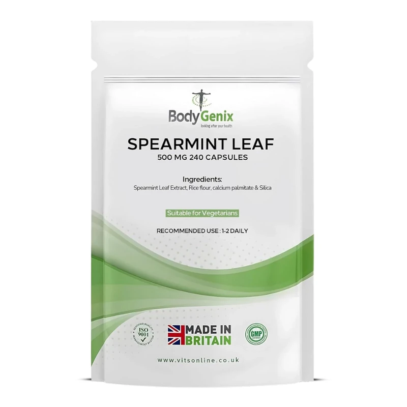 Bodygenix Spearmint Leaf Capsules - 500mg Hormonal Balance Digestive Health Fatigue & Stress Relief Support Antioxidant Formula Natural Food Supplement - 240 Capsules 8 Month Supply