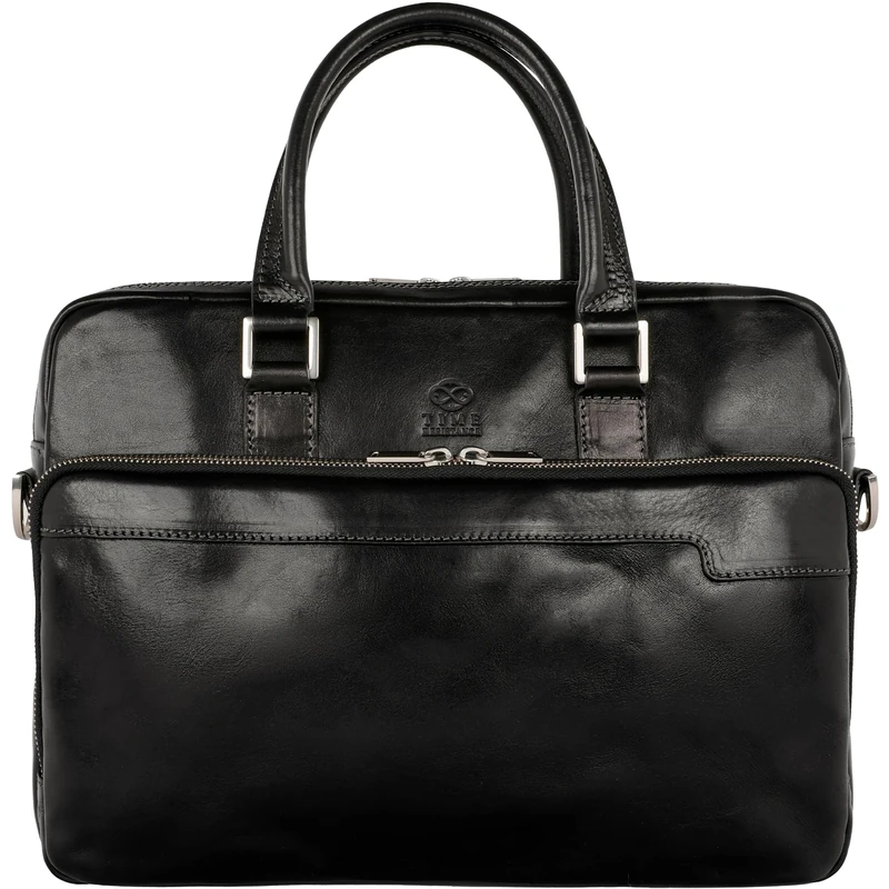 Time Resistance Leather Laptop Bag - 13 inch Laptop Case with Shoulder Strap - Genuine Leather Briefcase - Satchel Messenger Bag (Black)