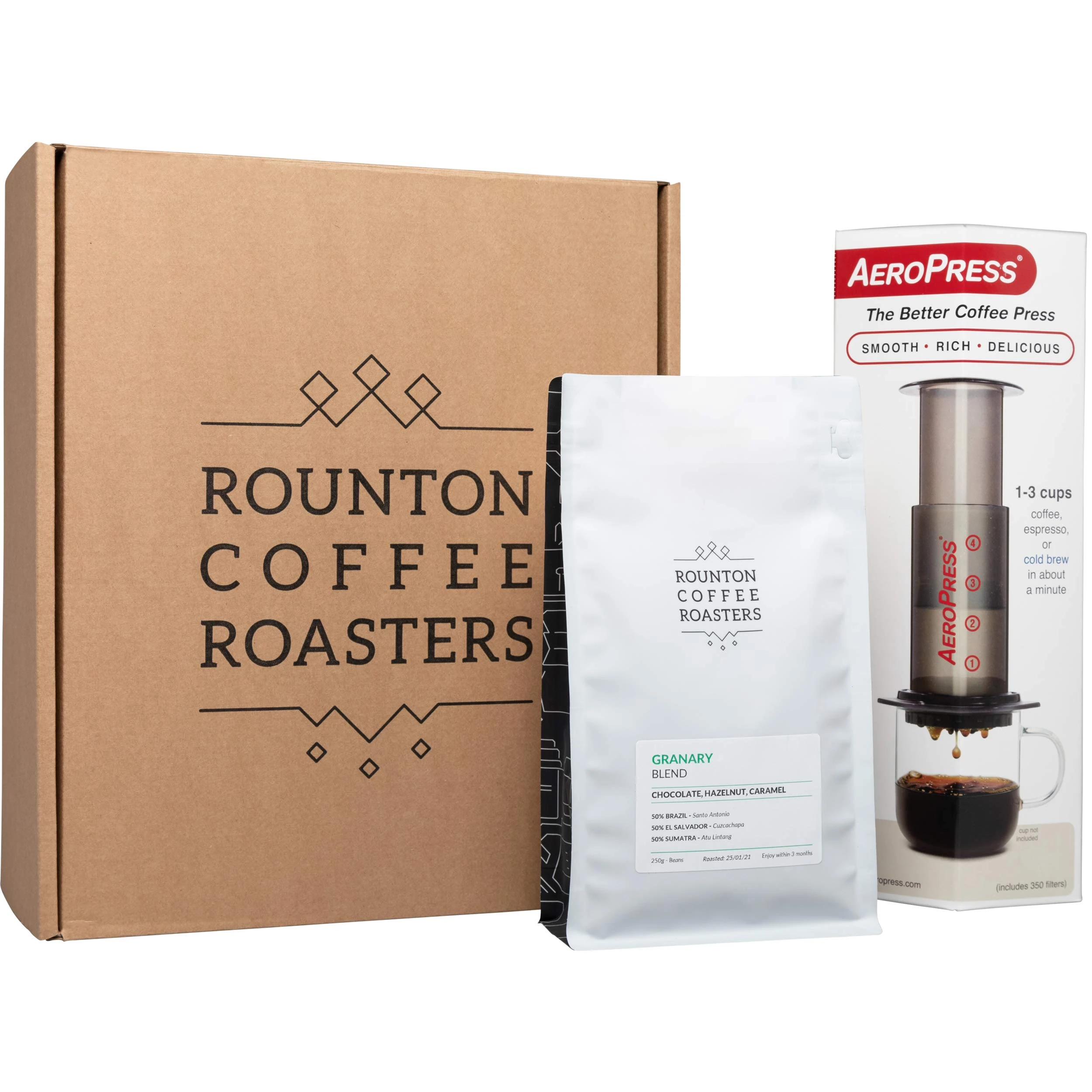 Rounton Coffee | Coffee Maker Gift Set and 250g bag of Freshly Roasted Coffee | Complete Coffee Maker | 350 filters scoop & stirrer | Espresso on the GO!