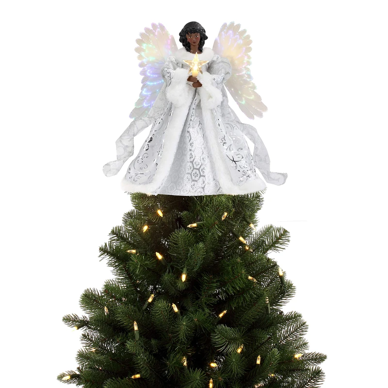 Mr. Christmas Fiber Optic Tree Topper African American Angel Christmas Decoration, White