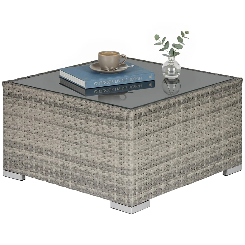Outsunny Rattan Garden Coffee Table, 65 cm Square Garden Rattan Table with Tempered Glass Top, All-Weather Wicker Bistro Outdoor Furniture for Patio, Balcony, Porc, Grey