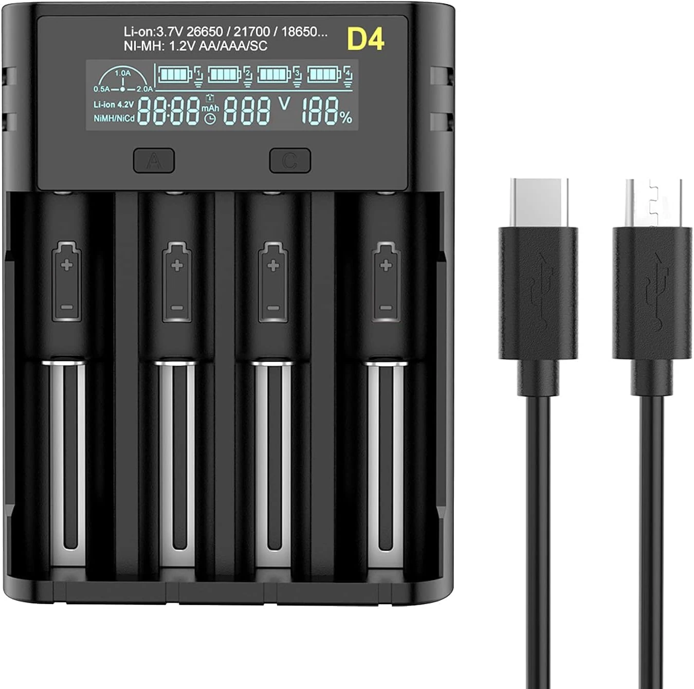18650 Battery Charger, LCD Intelligent 21700 Battery Charger 4 Slots Charging Socket 3 Charging Ports Charger for 3.6-3.7V Li-ion Battery:18700/20700/22650, 1.2-2.4V Ni MH/Ni CD: AAAA/AAA/AA