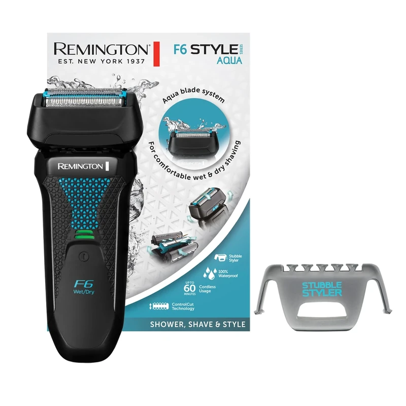 Remington F6 Aqua Men's Electric Razor Wet & Dry Shaver, 100% Waterproof, Fold-Out Detail & Long Hair Trimmer, 60 Min Lithium Battery, USB Charging Function Foil Shaver F6000
