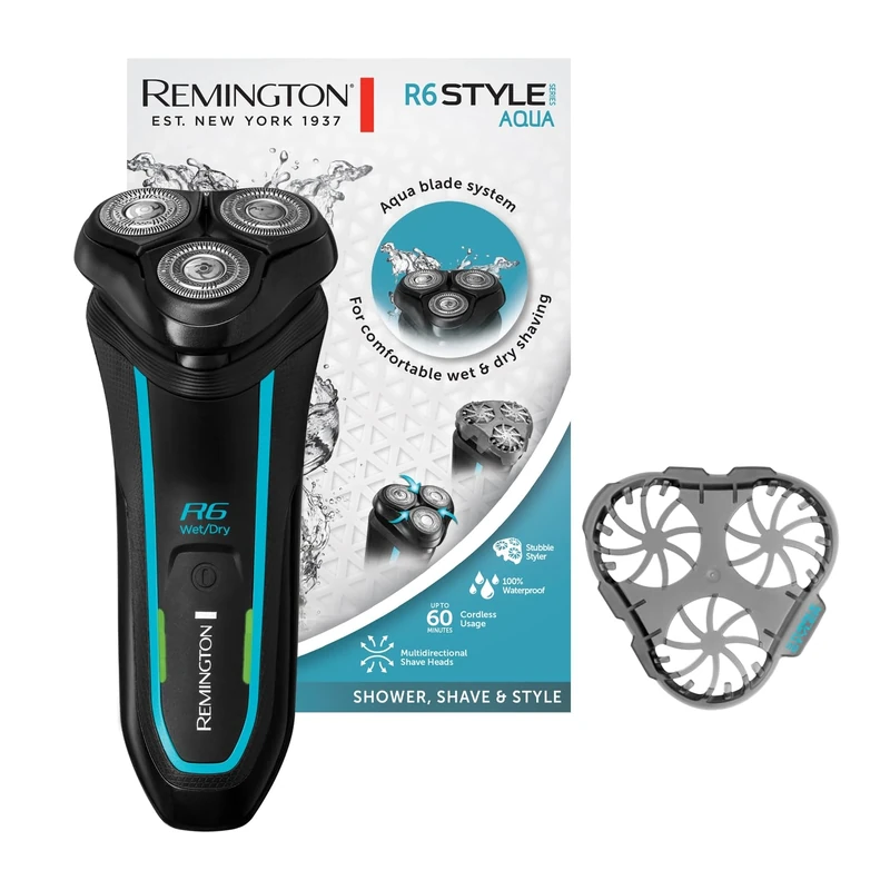 Remington R6 Aqua Men's Electric Razor Wet & Dry Shaver, 100% Waterproof, Fold-Out Detail & Long Hair Trimmer, 60 Min Lithium Battery, USB Charging Function Rotary Shaver R6000