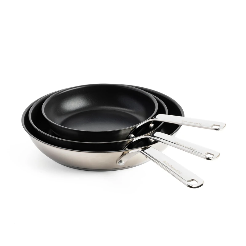 KitchenAid Stainless Steel PFAS-Free Ceramic Non-Stick 3-Piece Frying Pan Skillet Set 20 cm, 24 cm and 28 cm, Induction, Oven Safe, Silver