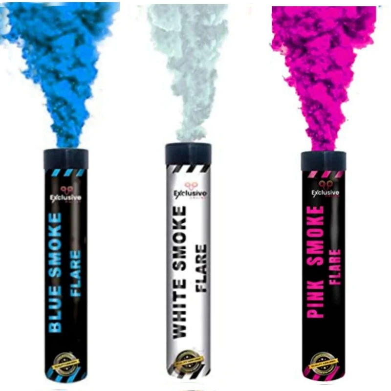 EXCLUSIVE ONLINE Smoke Grenades/Flares Ring Pull for Gender Reveal, Paintball, Weddings, Photo-shoots and Special Effects Aprox 90 second Duration Pack of 3 Mixed Colours(Blue,White,Pink)