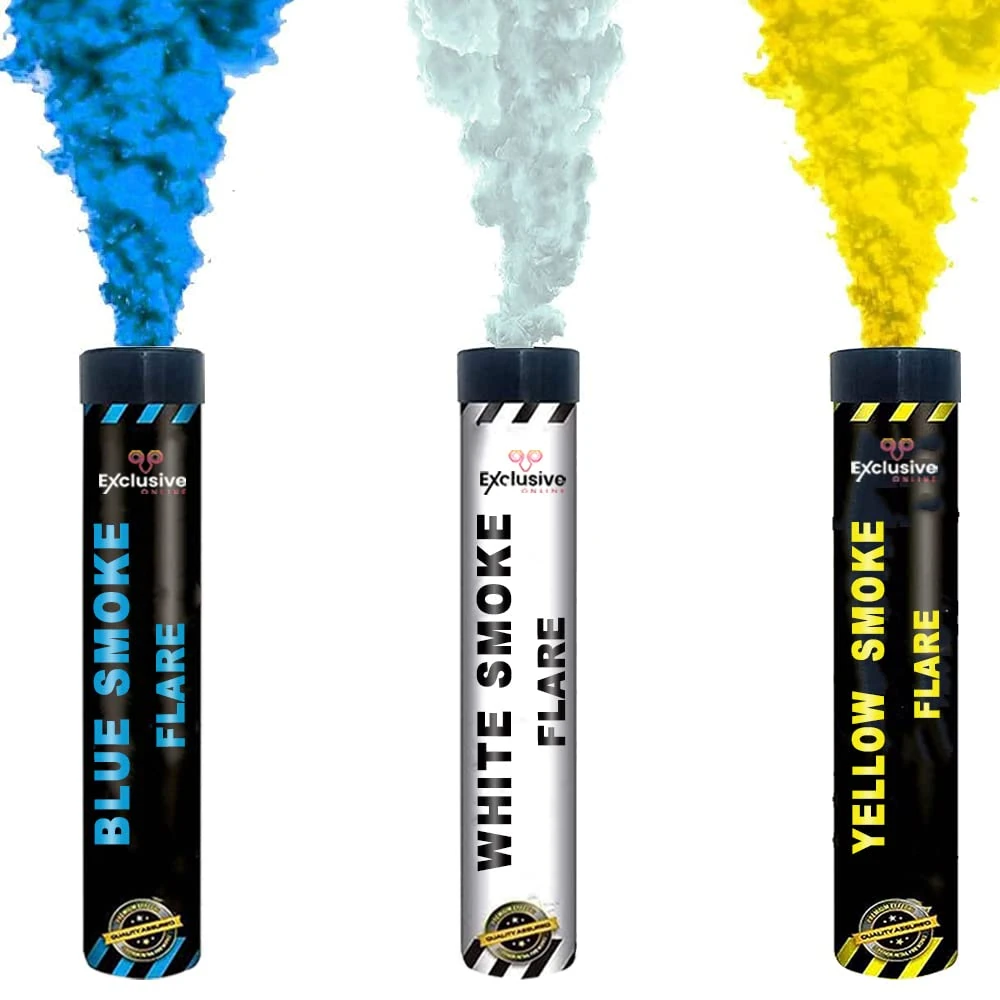 EXCLUSIVE ONLINE Smoke Grenades/Flares Ring Pull for Gender Reveal, Paintball, Weddings, Photo-shoots and Special Effects Aprox 90 second Duration Pack of 3 Mixed Colours(Blue,White,Yellow)