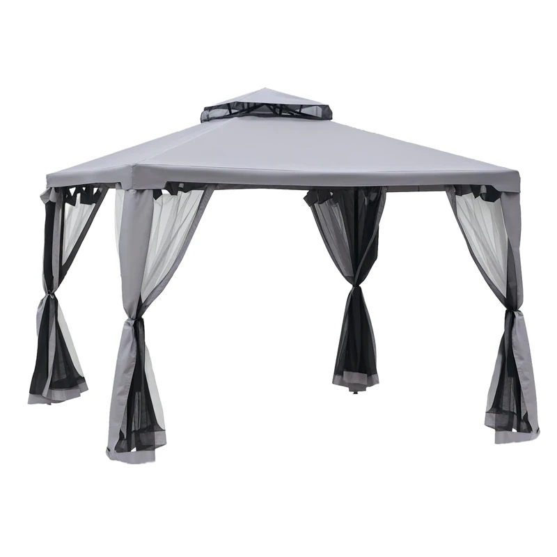 Outsunny 3 x 3 m Metal Gazebo, Garden Pavillion, Double Roof Outdoor Canopy Shelter with Mesh Sidewalls, Grey