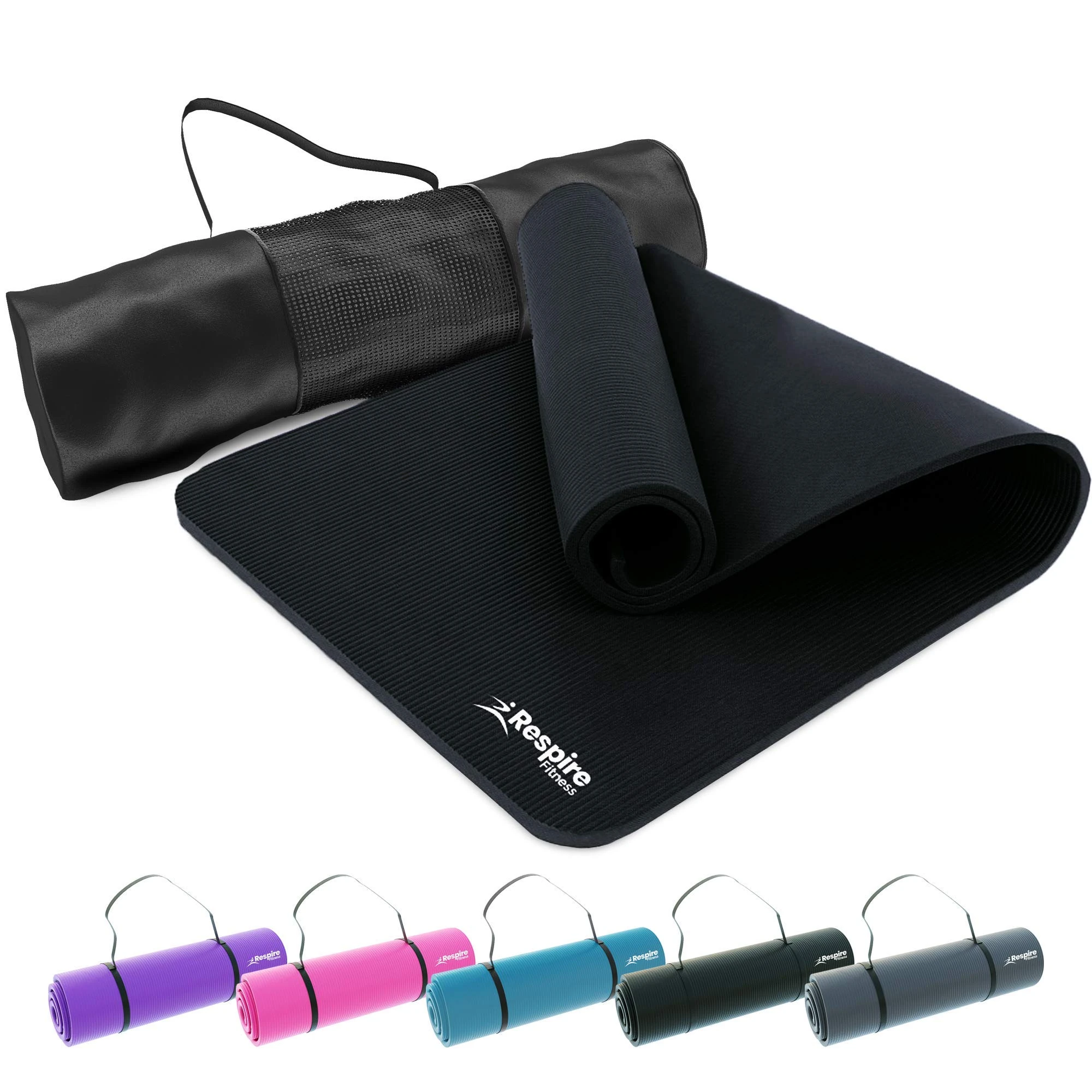 Respire Fitness Yoga Mat for Men and Women, 185 x 57 cm, Thick Cushion with Smooth and Ribbed Surfaces, Non-Slip Sweat Resistant Material for Pilates, Stretching, Fitness, and Meditation (Black)