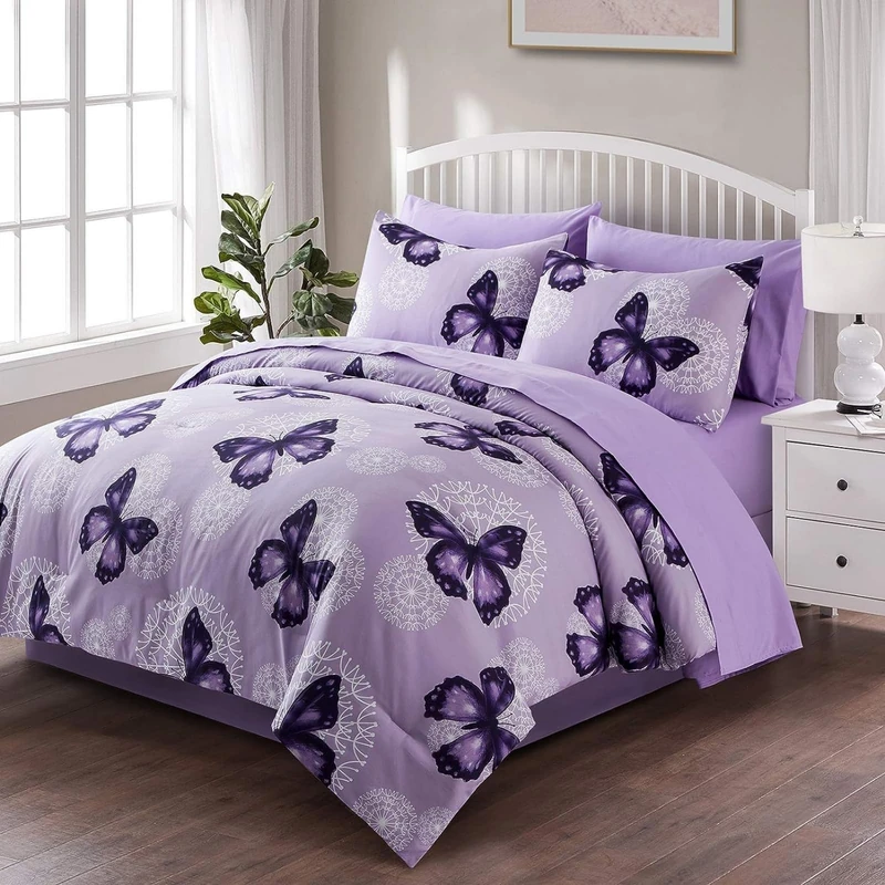 ARTALL Butterfly Pattern Bed in A Bag Bedding 8 Piece Full/Queen Comforter Sets 1 Comforter, 2 Pillow Shams, 1 Flat Sheet, 1 Fitted Sheet, 1 Bed Skirt, 2 Pillowcases
