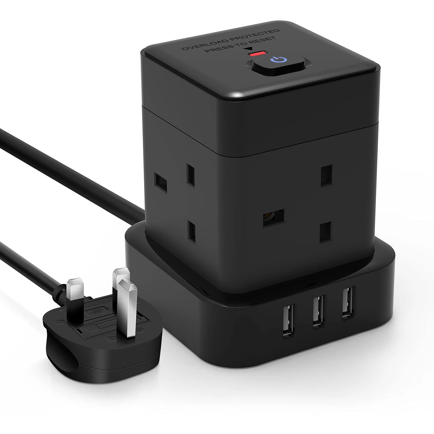 Cube Extension Lead with USB Baykul 4M Power Strip with 3 USB Slots (5V/2.4A) 4 Way Multi Plug with Switch Black Extension Cord Cable with Overload Potection for Home Office Travel Dorm