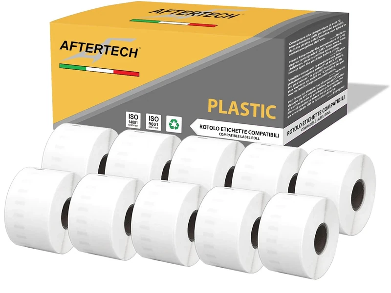 Aftertech 10 x 11356P 41 x 89 mm Compatible Adhesive Waterproof Plastic Labels Rolls (300 Labels/Roll = 3000 Total) for Dymo LabelWriter Printer 10x11356PLA