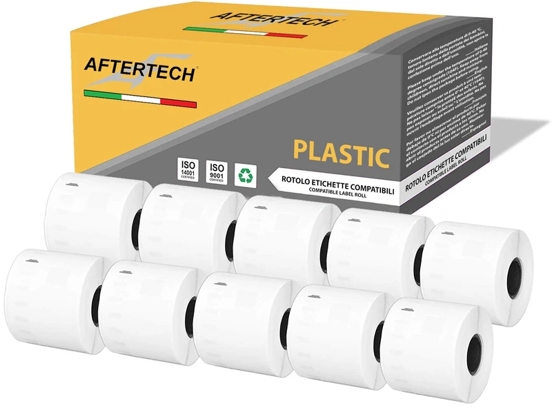 Aftertech 10x 99015P 54 x 70 mm Compatible Adhesive Waterproof Plastic Labels Rolls (320 Labels/Roll = 3200 Total) for Dymo LabelWriter Printer Labeling Machines 10x99015PLA
