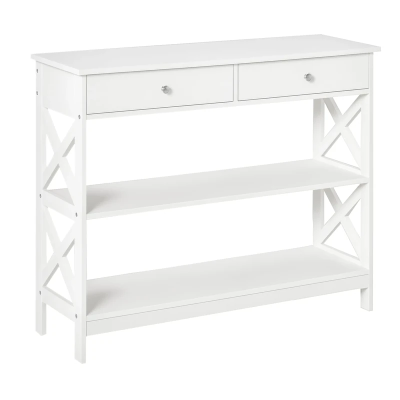 HOMCOM Console Table Side Desk w/Shelves Drawers Open Top X Support Frame Living Room Hallway Home Office Furniture White