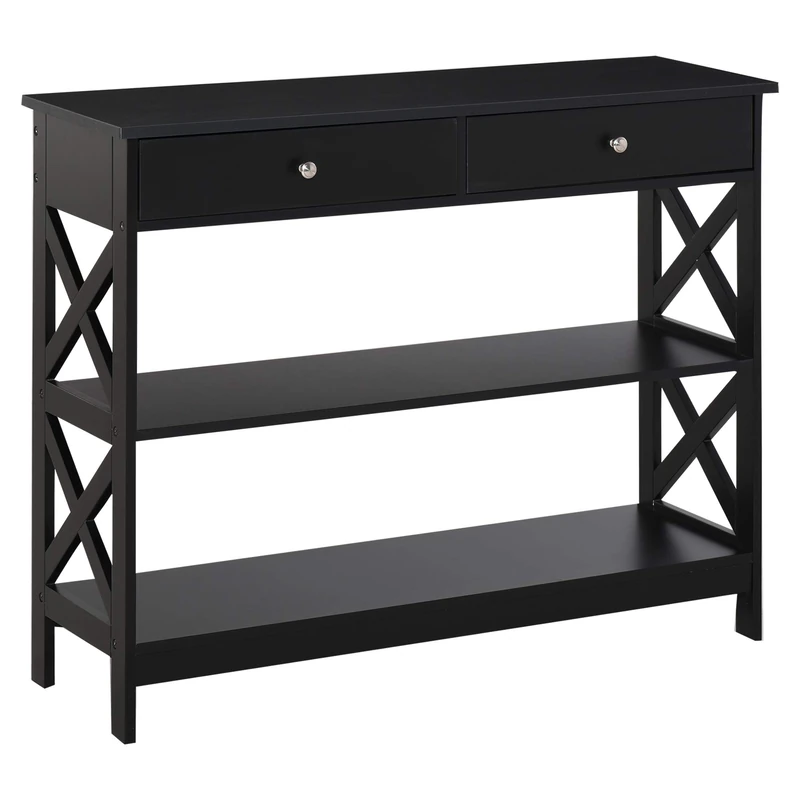 HOMCOM Console Table Side Desk w/Shelves Drawers Open Top X Support Frame Living Room Hallway Home Office Furniture Black