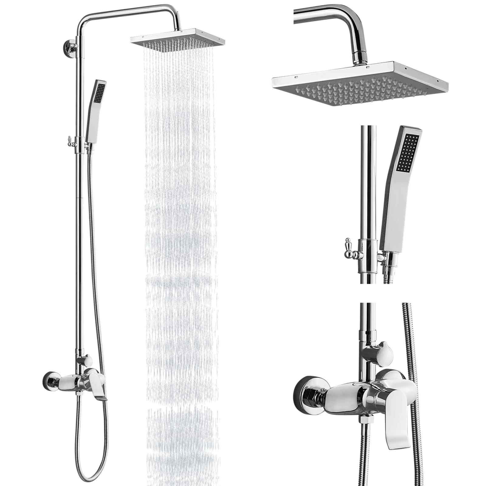 Polish Chrome Exposed Shower System 2 Functional Bathroom Shower Set 8 Inch Square Rainfall Shower Head with Hand Sprayer Wall Mounted