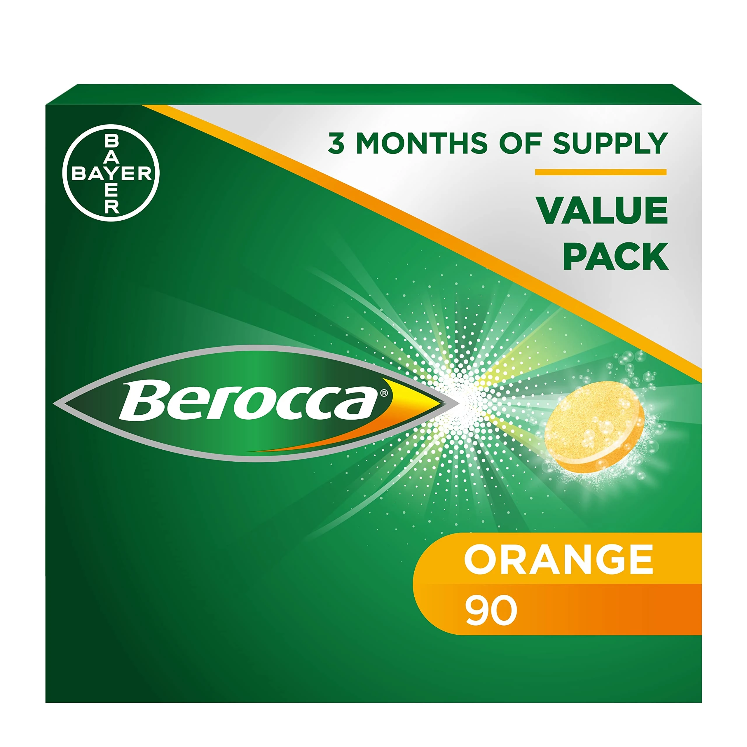 Berocca Vitamin C Effervescent Tablets, with Magnesium, Vitamin B12 & Vitamin B Complex, Orange Flavour, 1 Pack of 90 Tablets - 12 Weeks Supply