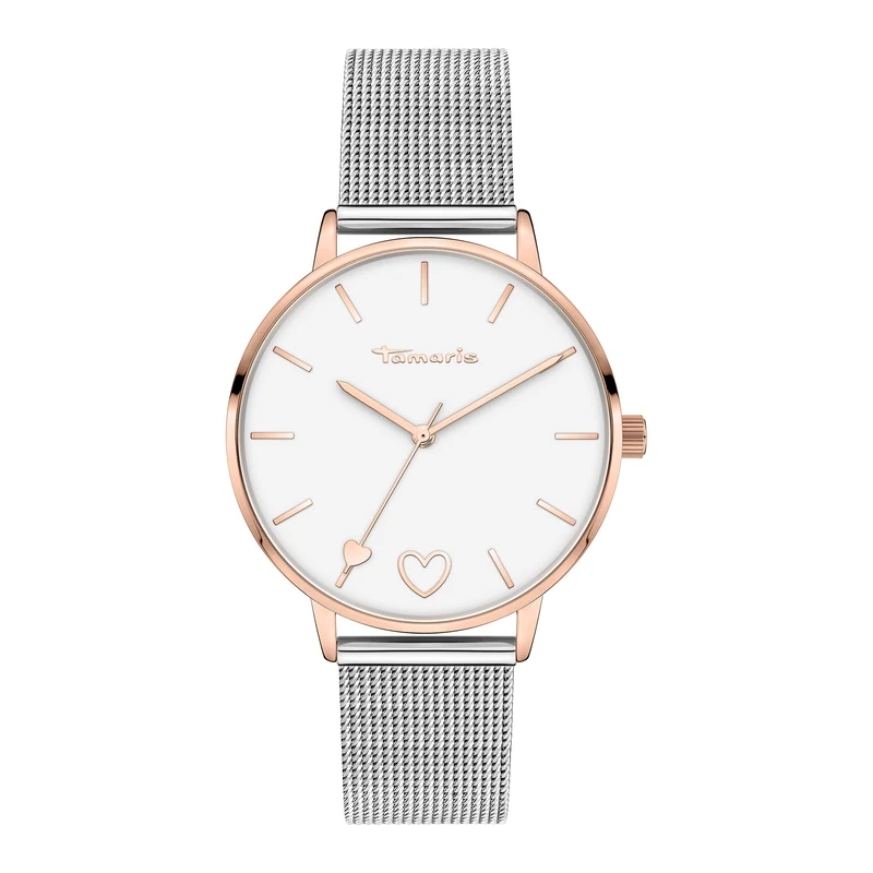 Tamaris Women's Watch - Round Quartz Watch for Women with Heart Detail, Silver (Bicolour), 36 mm, Two-Tone Rose Gold mesh/Heart