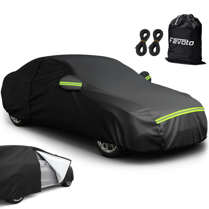 Favoto Sedan Car Cover Waterproof Breathable, Outdoor Full Car Cover Sun Rain Dust Snow All Weather Protection with Right Size Zipper, Universal Fit Sedan (177-194 Inches) Black Car Covers
