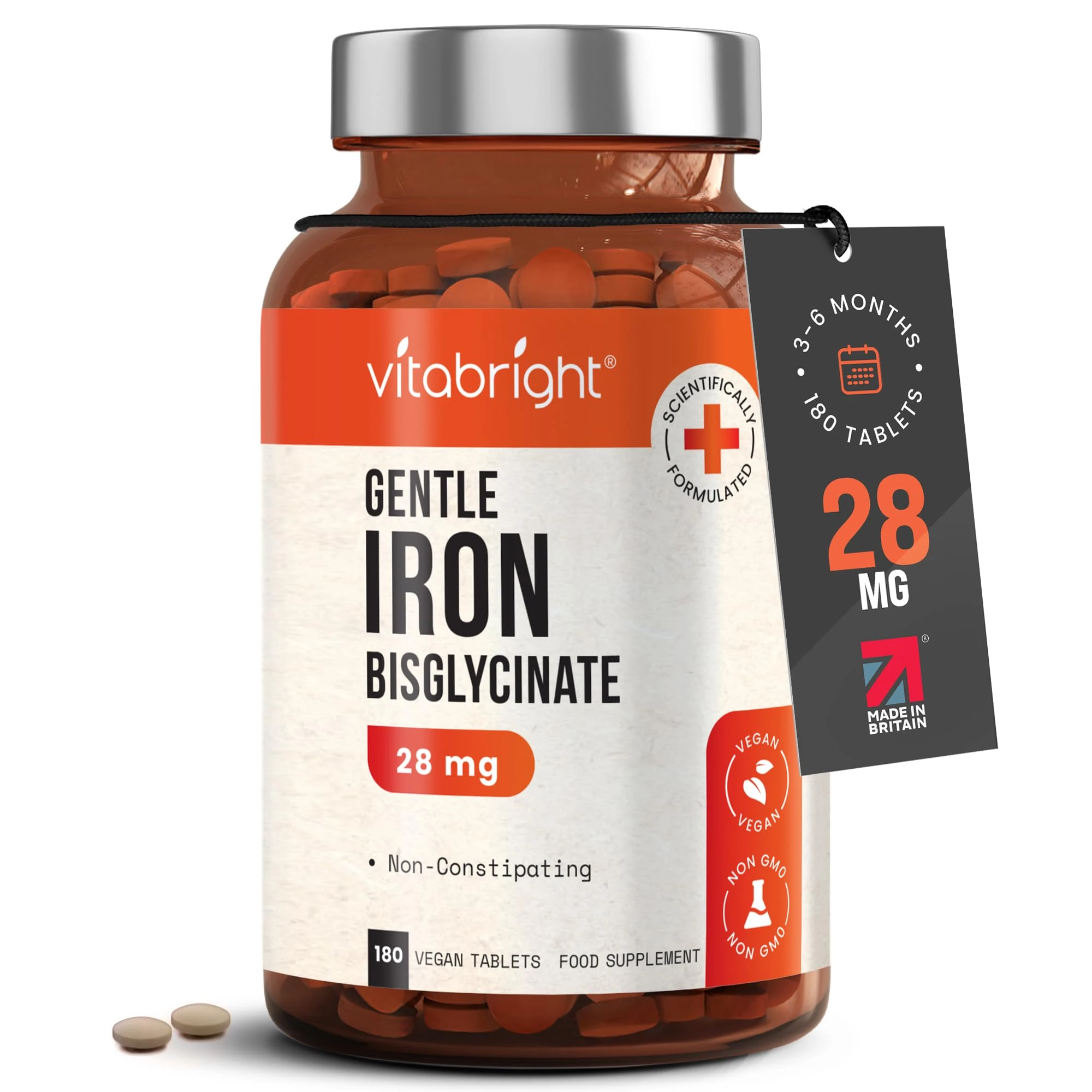 Iron Supplements for Women & Men | 28mg | 180 Gentle Iron Tablets | High Strength Ferrous Bisglycinate | Non Constipating | Supplements for Tiredness and Fatigue | VitaBright