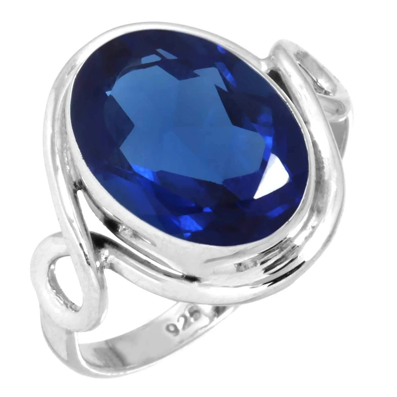 Jeweloporium Blue Sapphire Simulated Silver Ring Size T, 925 Sterling Silver Ring for Women, Oval Gemstone Handmade Jewellery