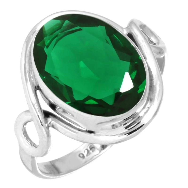 Jeweloporium Green Emerald Simulated Silver Ring Size N, 925 Sterling Silver Ring for Women, Oval Gemstone Handmade Jewellery