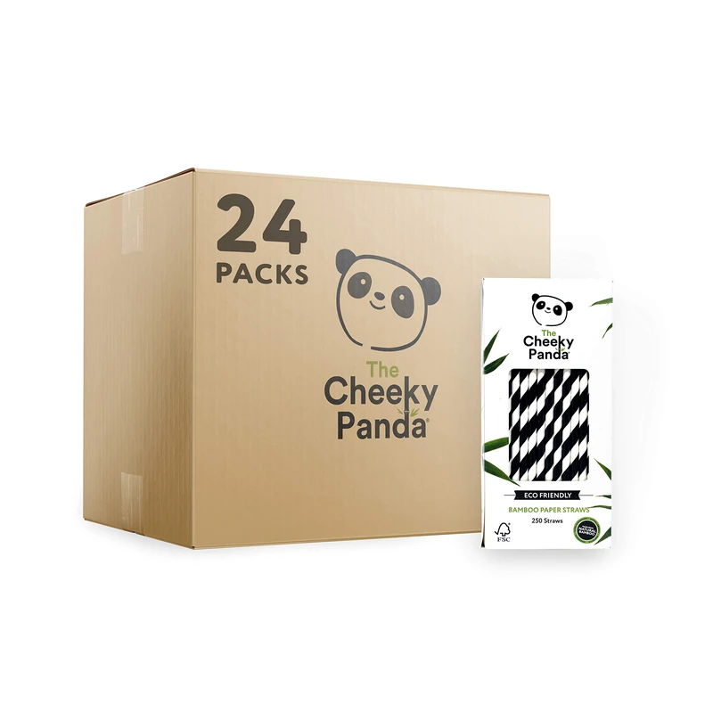 The Cheeky Panda – Bamboo Black Stripes Paper Straws | Bulk Box of 24 Packs (250 Straws per Pack, 6000 Straws Total) | 100% Biodegradable, Plastic-Free, Eco-Friendly, Strong & Sustainable
