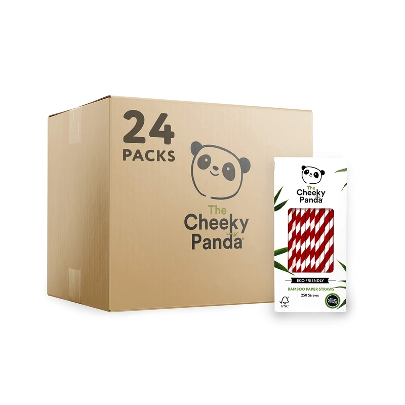 The Cheeky Panda – Bamboo Red Stripes Paper Straws | Bulk Box of 24 Packs (250 Straws per Pack, 6000 Straws Total) | 100% Biodegradable, Plastic-Free, Eco-Friendly, Strong & Sustainable