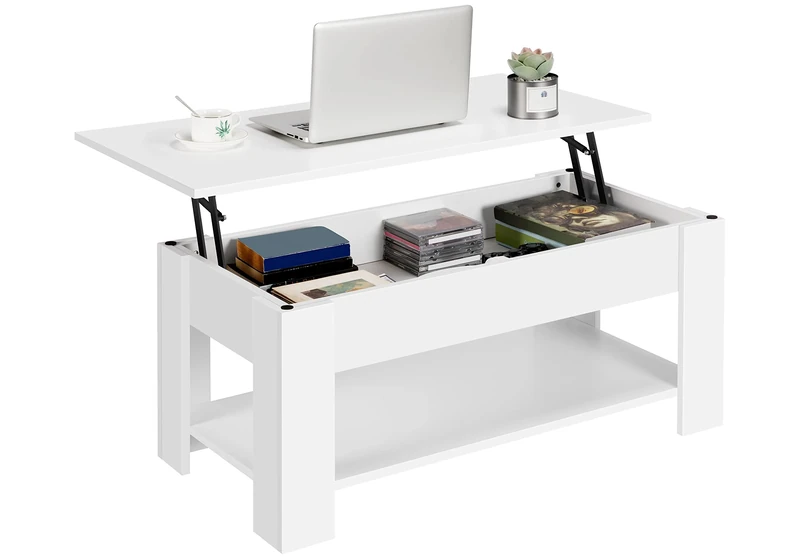Yaheetech Lift Up Coffee Table, Wooden Lifting Coffee Table with Hidden Storage Drawer and Open Shelf, Space-saving Tea Tables for Living Room/Reception, White, 98x50x(42-56) cm