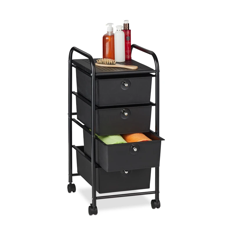 Relaxdays Storage Trolley, 4 Drawers, H x W x D approx. 74 x 33 x 39 cm, Metal & Plastic, Black